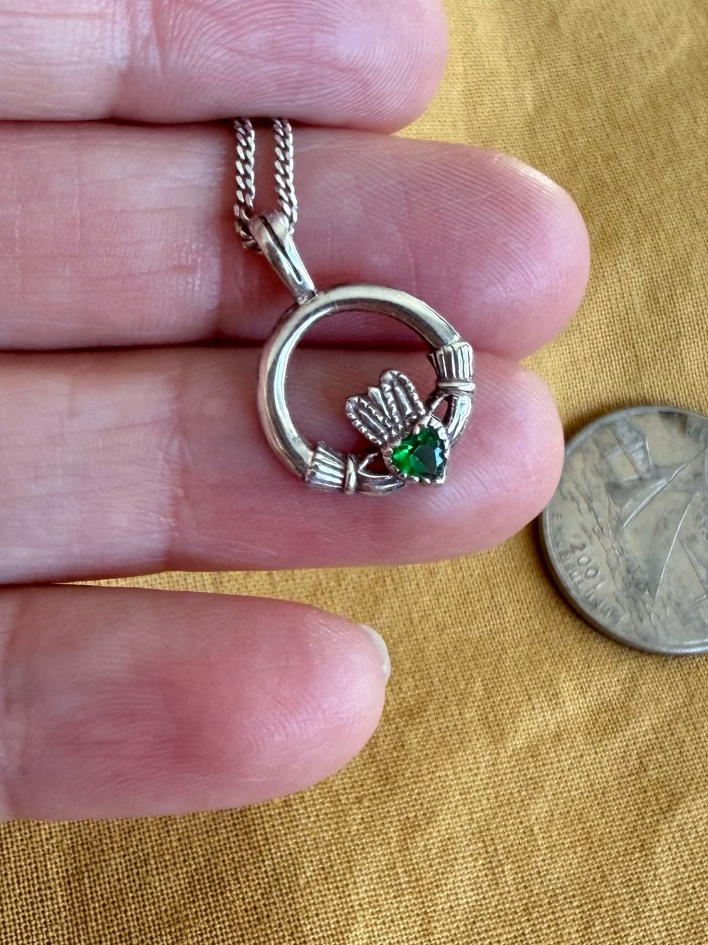 Sterling 925 Irish Claddagh Charm Necklace 18” Green Heart